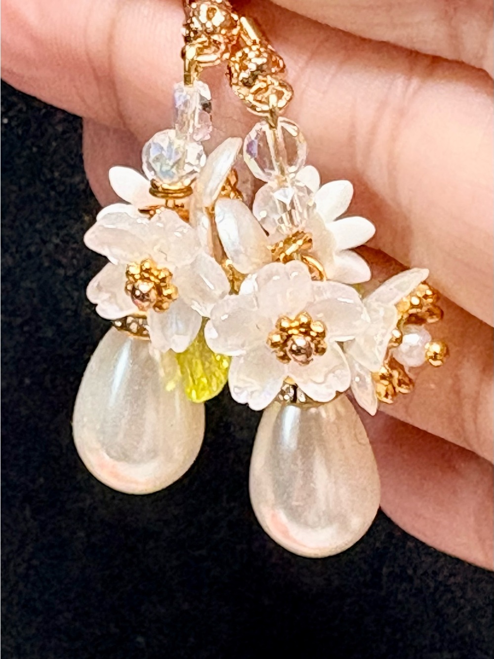 Pearl Drop Floral Cluster Earrings - Gold Accents